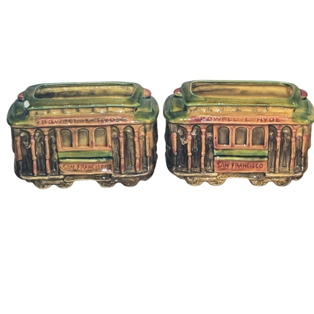 TWO - Vintage 1970s Glazed Trolley Ceramic Planter San Francisco CA Cable Car